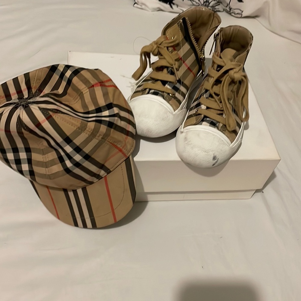 Burberry hi top sneakers and baseball cap